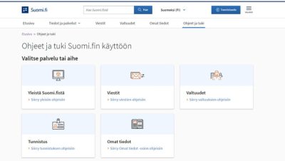 kuvakaappaus suomi.fi ohjeet ja tuki -verkkosivulta. Kuvakkeita, joissa otsikot: Yleistä suomi.fistä, viestit, valtuudet, tunnistus ja omat tiedot.